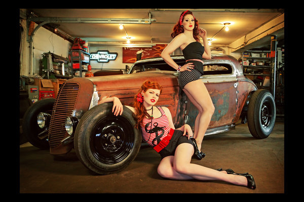 Girl and hot rod muscle car wallpaper
