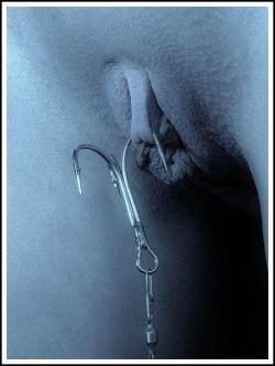 pussymodsgaloreFish hook through clit hood. If this was hard BDSM then the fish hook would have made the piercing, but that is not the case here, it is through an existing HCH piercing. No pain, no blood!