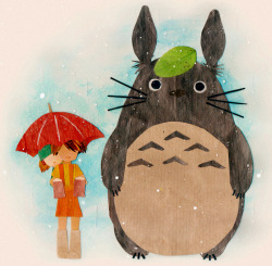 bot:  となりのトトロ・ずぶぬれオバケ My Neighbour Totoro・A Drenched Monster collage (w/ watercolour, gouache and a leaf.)  