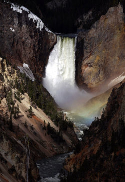 loveeteag:  suitep:  A rainbow of light can be seen at the base of the over 300 foot tall Yellowstone River Lower Falls in Yellowstone National Park, Wyoming, on June 21.  And I think to myself, what at a wonderful world 