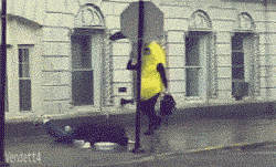  A BANANA SLIPPING ON A PERSON 