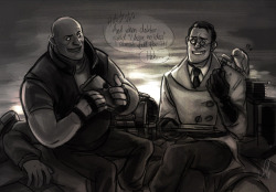 ren-ne-rei:  Heavy ‘n Medic casually chatting and sharing sandviches with Archimedes on a pile of dead Sollies. 