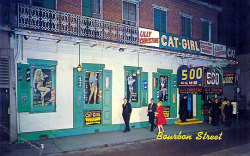A view of Leon Prima&rsquo;s &lsquo;500 Club&rsquo;, as seen from Bourbon Street, in New Orleans.. Leon was the younger brother of popular jazz musician: Louis Prima.. Dancer Lilly &ldquo;The Cat Girl&rdquo; Christine was a major draw for the nightclub,