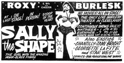 50&rsquo;s-era newspaper ad for Cleveland&rsquo;s &lsquo;ROXY Burlesk&rsquo;.. Featuring: Sally The Shape   aka. &ldquo;The Girl With The Amazing Hour-Glass Figure&rdquo;..
