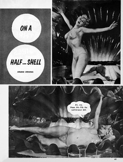 Arlene Stevens demonstrates part of her &ldquo;Birth Of A Pearl&rdquo; routine, in a page from the October 1959 issue of &lsquo;POSE&rsquo; magazine..