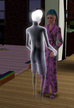 simsgonewrong:  This isn’t a glitch but it broke my heart. My grieving elder sim holding hands with her recently deceased husband :’(   :c