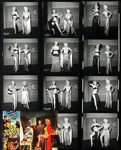 A contact sheet of photos showing Libby Jones tutoring actress Jan Sterling on how to striptease, in preparation of Sterling’s role as a showgirl  in the 1954 crime film: “THE HUMAN JUNGLE”..