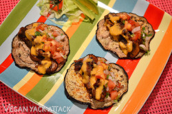 yackattack:  Spicy Mushroom Tacos with Soft Eggplant Shells, Pico De Gallo &amp; Hot Cheese Sauce! I was inspired by Daiya’s Summer Cookout Recipe Contest to try an even healthier way to make tacos, and also incorporate their delicious cheese shreds