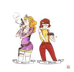 fervours:  gingerhaze:  Badass Scooby gang, revisited. Trying to remember how to draw! Daphne was always my least favorite, but I think I’d like her way more if she was a tattooed chain-smoking hitman.   f l a w l e s s   This is perfect.