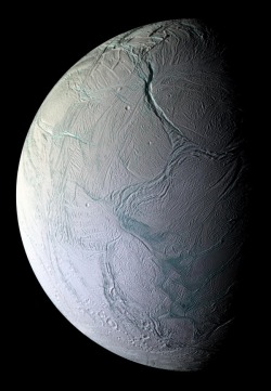 boyastronomer:  Saturnian Icy Moon Enceladus, displaying its ice ridges and geysers.  In fact, so icy, it is the most reflective thing in the solar system! 