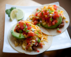 healthyalternative:  Breakfast Tacos! Corn tortillas, refried beans, scrambled eggs with adobo and spices, avocado, cheese, scallions and a fresh homemade salsa consisting of tomato, corn, red onion, garlic, cilantro, lime, red wine vinegar, salt and