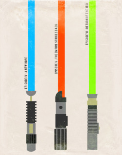 justinrampage:  The original Star Wars saga gets broken down into a lightsaber themed minimalist design by Tumblr artist / photographer Tom Cronin. Check out more awesome past minimal designs here. Original Saga’ Minimalist Poster by Tom Cronin (Flickr)