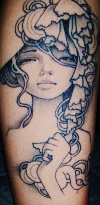 fuckyeahtattoos:  This is my tattoo of Audrey Kawasaki’s amazing drawing called “Okimiyage”.This was the first piece of hers that I fell in love with, and I just had to have it on my body :)I owe all the thanks in the world to my tattoo artist John