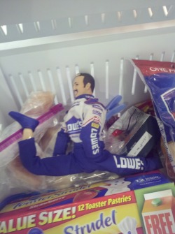 imgoing2killmyself:  My gma watches nascar and she hates jimmy johnson so she bought his action figure thing and every time he’s in the lead she hurts him, so rn he’s in the freezer and has no foot   god