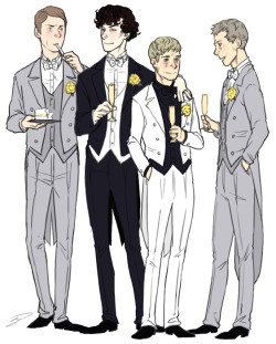 oh my god wedding really why am i so mushy just don&rsquo;t draw that bebby req oh wait oh no   socutherthehelldown: can I request John and Sherlock in  matching tuxedos? For a formal occasion, or a wedding maybe? ;) ununpentium: Sherlock and John&rsquo;s