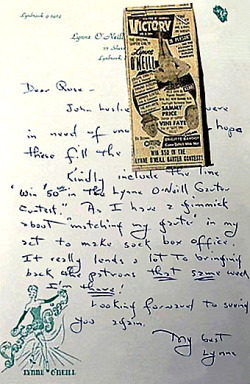 A handwritten Lynne O'Neill letter to Rose La Rose, asking Rose to include a byline in all promotional newspaper ads regarding her ongoing &ldquo;Garter Contest&rdquo;.. If patrons were able to catch matching garters from any of Lynne&rsquo;s shows, she