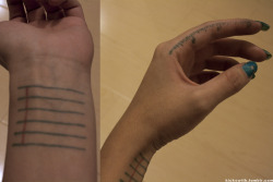  This is my ruler and notepad tattoo. I believe that tattoos can be used for functionality as well as memory. I’m a designer, so I use the ruler for buttons, zippers, and trim widths. Usually the notepad has an address or to-do list on it. :)  