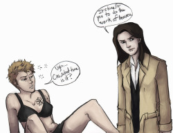 Quick doodle of genderbent Dean and Cas done during break at work, tried coloring it before I have to head off to work again tonight~