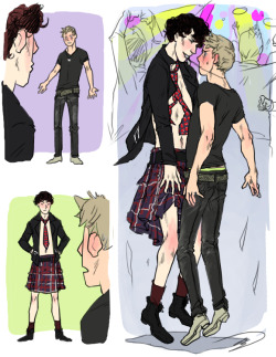 PARTY DAY fanart for every fanfic where they go undercover at a gay club for a case and end up making out yes i think kilt!sherlock is sexy dont judge me  i dunno if there is a common fanon for moran&rsquo;s appearance SO just guessin gay-what-nothing-hey