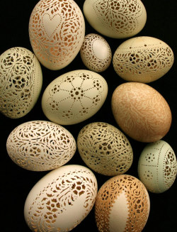 chimpgoods:  Hand carved and etched Victorian Lace chicken eggs by Beth Ann Magnuson.  