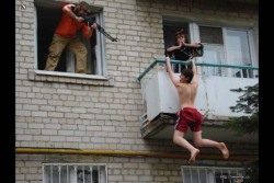 loquacious-lucy:  highfivesforcoolguys:u-ok: I call this People in Red Shorts Falling Off Buildings and Being Aimed at By Guns   By far the best Russian meme  No, you don’t understand. All these photos are staged. For a while it was the hot new trend