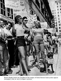 Jennie Lee (aka. &ldquo;The Bazoom Girl&rdquo; ) walks the picket line with other members of her &lsquo;Exotic Dancers League&rsquo; to protest a recent policy by the 'California Newspaper Publishers of California&rsquo; to remove all full-body photos