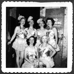 A candid photo from 1953, featuring members of the chorus line of the &lsquo;FOLLY Theatre&rsquo;; in Kansas City, Missouri..