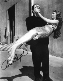 vintagegal:  Ann Blyth in costume for “Mr. Peabody and the Mermaid” and   Glenn Strange in costume for “Abbott &amp; Costello Meet Frankenstein”   1948 