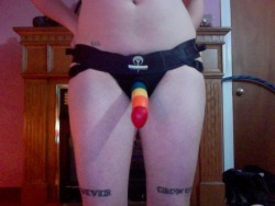 yeastydaysofyesterdaysrevolution:  Here is me in my new strap on as promised. I’m not going to lie, I bought the dildo because it was rainbow. I highly recommend this strap on. It is super awesome. I’ll post up more photos soon. My friend wants to