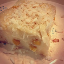 My mother&rsquo;s Maja Blanca con Mais. It&rsquo;s similar in texture to panna cotta. Nomz.
