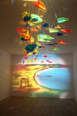 its-mostly-just-shit:  A painting made with light and colored plexiglass airplanes. (Not mine.) 