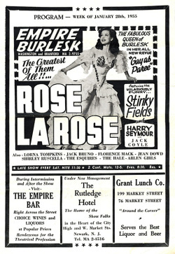 Rose La Rose   aka. &ldquo;The Greatest Of Them All !!&rdquo;.. January 1955 program ad for the ‘EMPIRE Burlesk Theatre’, starring: Rose La Rose; and featuring (among others) the hilariously funny Stinky Fields!