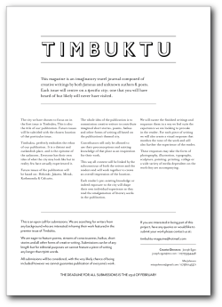 Check out our friends over at Timbuktu! If you&rsquo;re looking for a place to get a little attention for your writing (especially travel writing), we suggest you read this mission statement from them and start submitting!