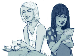 theoeuvre:  faberry doodles. i had to get it out of my system. this is AU because quinn would so have an e-reader. 