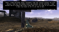 falloutconfessions:  “When I found  Matthews Animal Husbandry farm and finished reading the diary entries, I  ran into the burned house and dragged out the skeleton. I then covered  him in flowers and other plants and left a Toy Dino as his headstone;