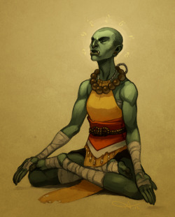 beesmygod:  softowl:  lexxercise:  Yeva, my half-orc monk of Kord, in quiet contemplation. We had our first session of the campaign tonight, and I somehow managed to get a proper drawing of her done while we killed kobolds and Alex and James hammed it