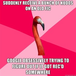 fuckyeahfanficflamingo:  [SUDDENLY RECEIVE A BUNCH OF KUDOS ON AN OLD FIC (Fanfic Flamingo) GOOGLE OBSESSIVELY TRYING TO FIGURE OUT IF IT GOT REC’D SOMEWHERE] 