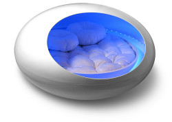 fujifu:  mochapansy:   handcrafted fiberglass shell and bed temperature controlled round water bed phillips color kinetics LED lighting system anthony gallo high fidelity sound system ipod universal dock  I want this on my blog. I want this in my life.