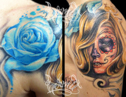 fuckyeahtattoos:  Day of the Dead girl   rose. Both are part of a same piece that goes from the chest to the arm. If you would like to see more of my work, this is my tumblr http://herm-ondead.tumblr.com/