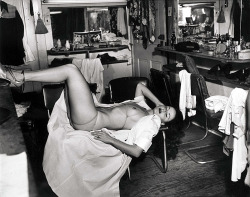 burleskateer:Between shows, famed photographer WeeGee captures an image of Kalantan (aka. Mary Ellen Tillotson) catching some Zzz’s in her dressing room..