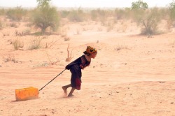 FOLKS - This is a child! DISPLACED: A Malian refugee pulled a jerrycan of water at the Mbere refugee camp on Thursday, near Bassiknou in southern Mauritania. Fighting in Mali has displaced more than 60,000 people internally, and a similar number have