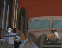lizwuzthere:  keepcalmandgetthesalt:  This gif looks like Batman is a cat and Robin is its little baby trying to follow  ……what is that one guy in the foreground doing? :T 