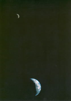 cwissi:  Photographers always talk about perspective. It doesn’t get more perspective than this: first ever photo of the Earth and the Moon in the same frame, 1977. Taken by Voyager 1. 