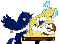 pondesteranosis:    A request from cool77778, I can’t think of a scenario to go with this picture so here’s Cool J being ridden by the vet pony on her examination table with Luna licking him. I think Luna turned out really good in this.    