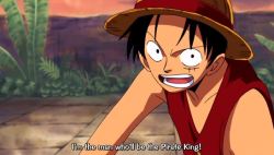 followyourcuriosity:  Luffy: I’m the man who’ll be the Pirate King! Usopp: Looking cool, Captain! 