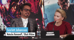 ajacquelineofalltrades:  menshevixen:  bananakarenina:  villa-kulla:  Reporter: I have a question to Robert and to Scarlett. Firstly to Robert, throughout Iron Man 1 and 2, Tony Stark started off as a very egotistical character but learns how to fight