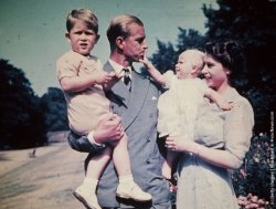  August 1951 - Princess Elizabeth (later crowned Queen Elizabeth II) with her husband, Prince Philip Duke of Edinburgh, and their children: Prince Charles and Princess Anne. 