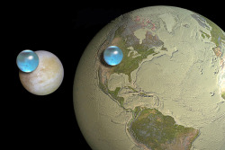 carlzimmer:  Compared to Jupiter’s moon Europa, our planet is practically a desert, as this NASA image shows. It’s a computer visualization showing Europa and a dried-out Earth, with the volume of all their water represented by blue spheres. (Details