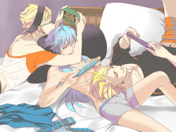 ancestralmask:  dramaticallybleachedmurder:  what the hell is Weewee-kun wearing why is it kinda sexy and cute at the same time slgjsldfjs  “Virus! I can’t see the screen like this!” Aoba tried shrugging Virus off, but he kept his arm in place around
