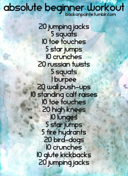 backonpointe:  backonpointe:  Are you brand new to fitness? Want to work out but don’t know where to start? Intimidated by the burly men at the gym or Jillian Michaels’ abs? Well, here’s an easy workout for you! Try doing this workout three to five